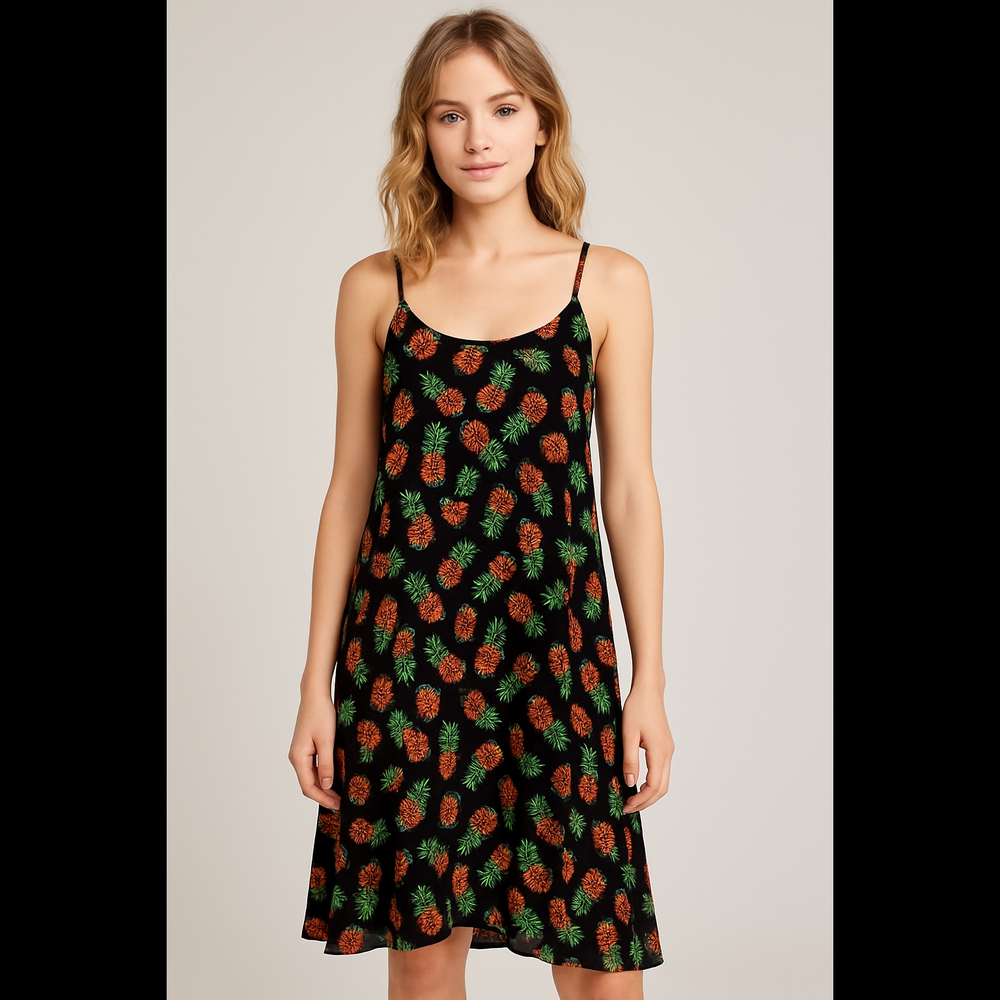 Pineapple Print on Black Rayon Spaghetti Strap Flowy Slip Dress Novelty Y2K